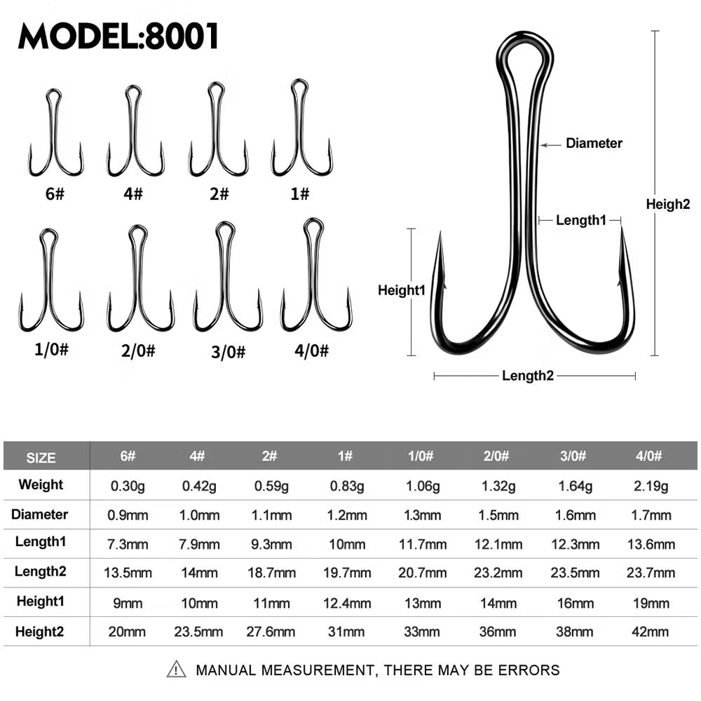 Double Hooks , Frog Hooks Strong Sharp Open Shank High Carbon Steel Barbed  for Saltwater and Freshwater