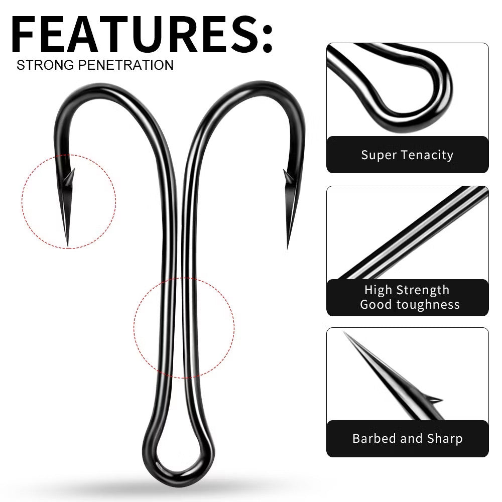 Double Hooks , Frog Hooks Strong Sharp Open Shank High Carbon Steel Barbed  for Saltwater and Freshwater